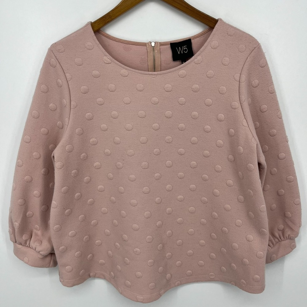 W5 Anthropologie Sweatshirt Women's Size XL Pink Polka Dot Round Neck Zip